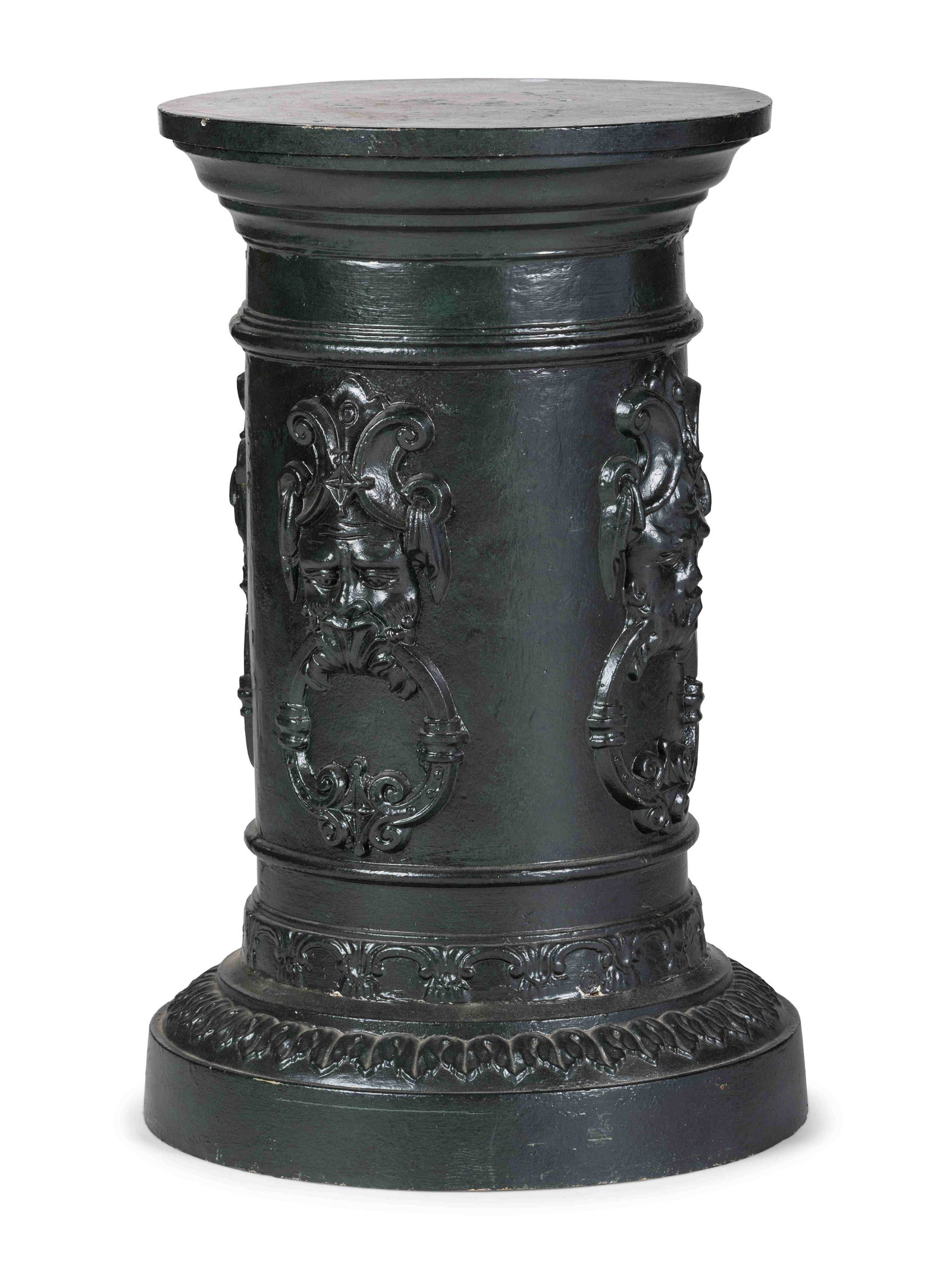 A Green Painted Iron Pedestal: A Green Painted Iron Pedestal 20th Century Height 31 3/4 x diameter 19 inches. Property from the Collection of Dr. James Dawson, Manchester, Kentucky