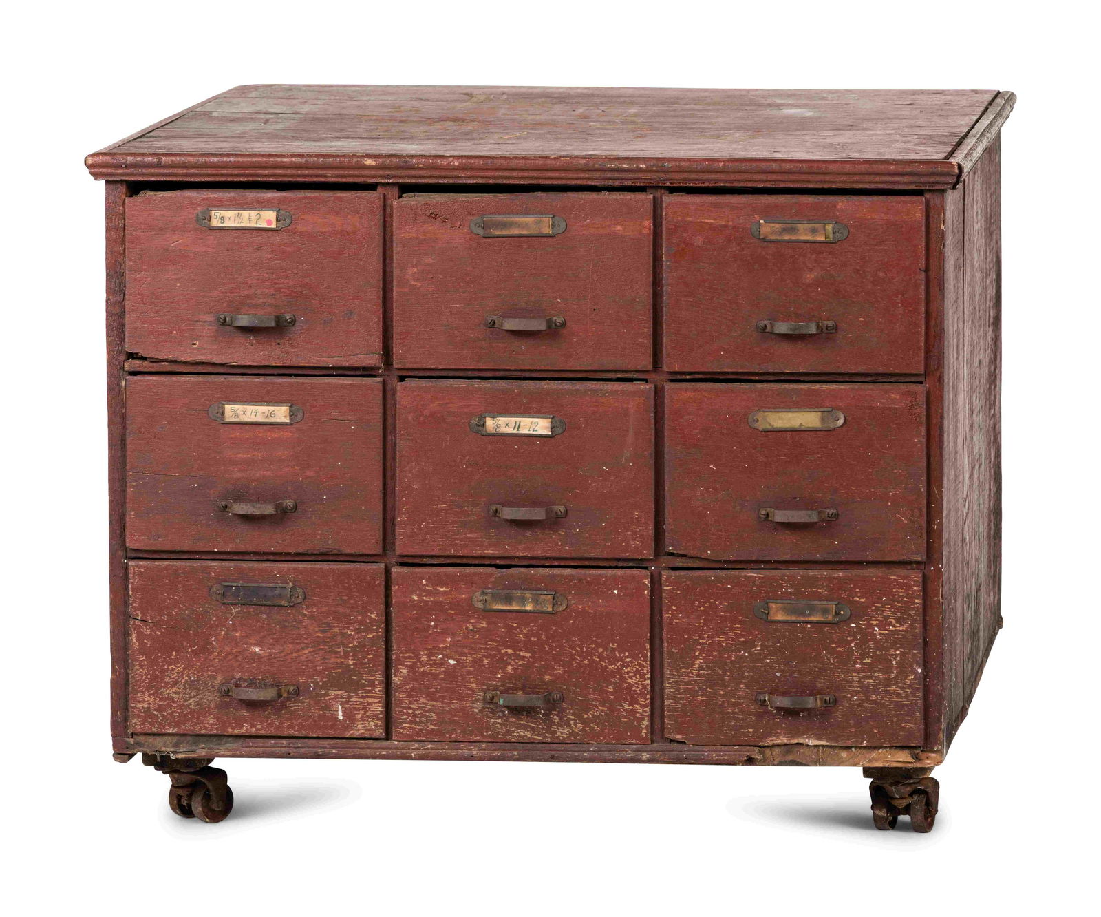 A Red Painted Pine Storage Chest on Casters (1 of 3)