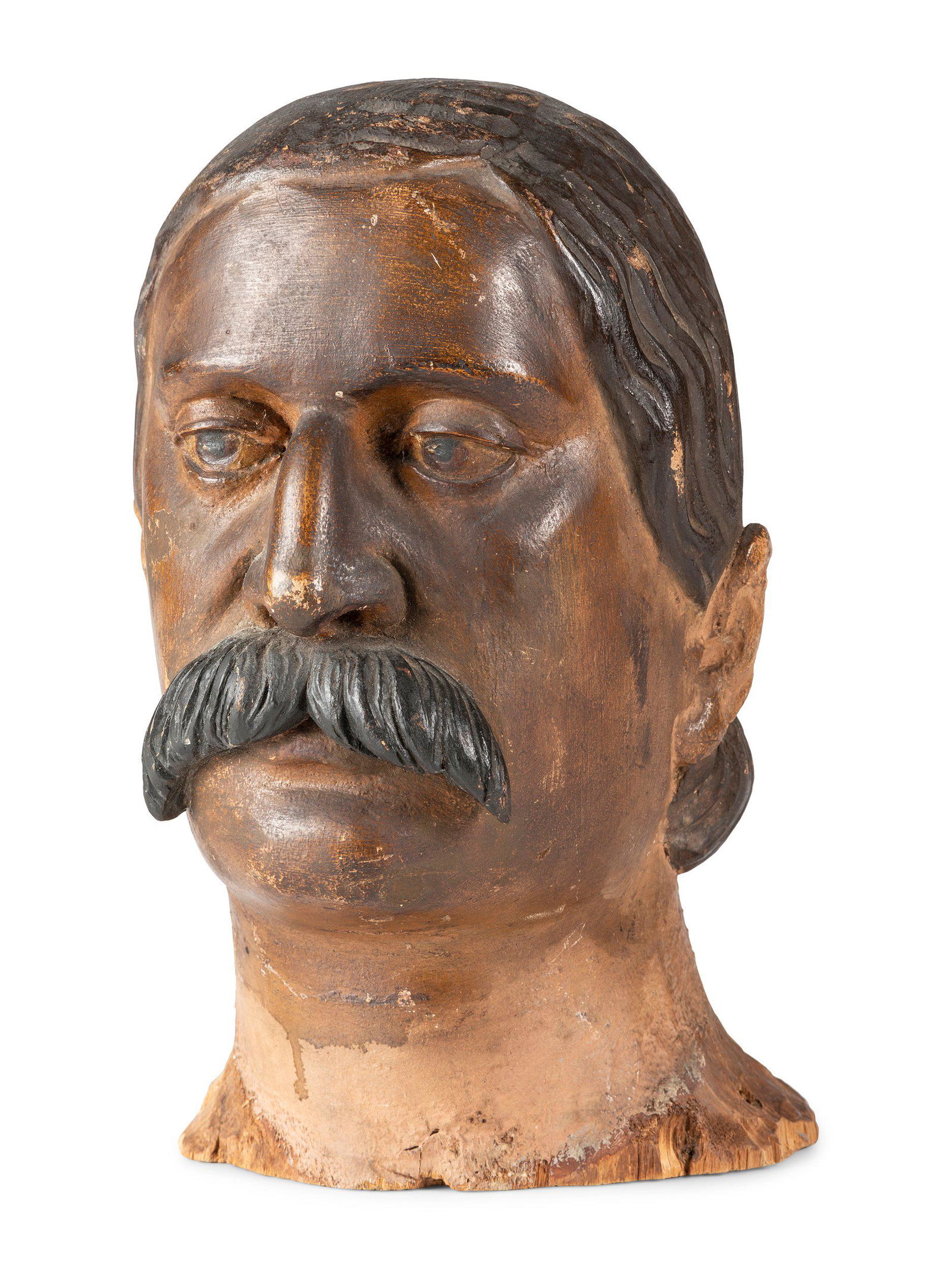 A Carved and Painted Wood Head of a Mustachioed Man (1 of 4)