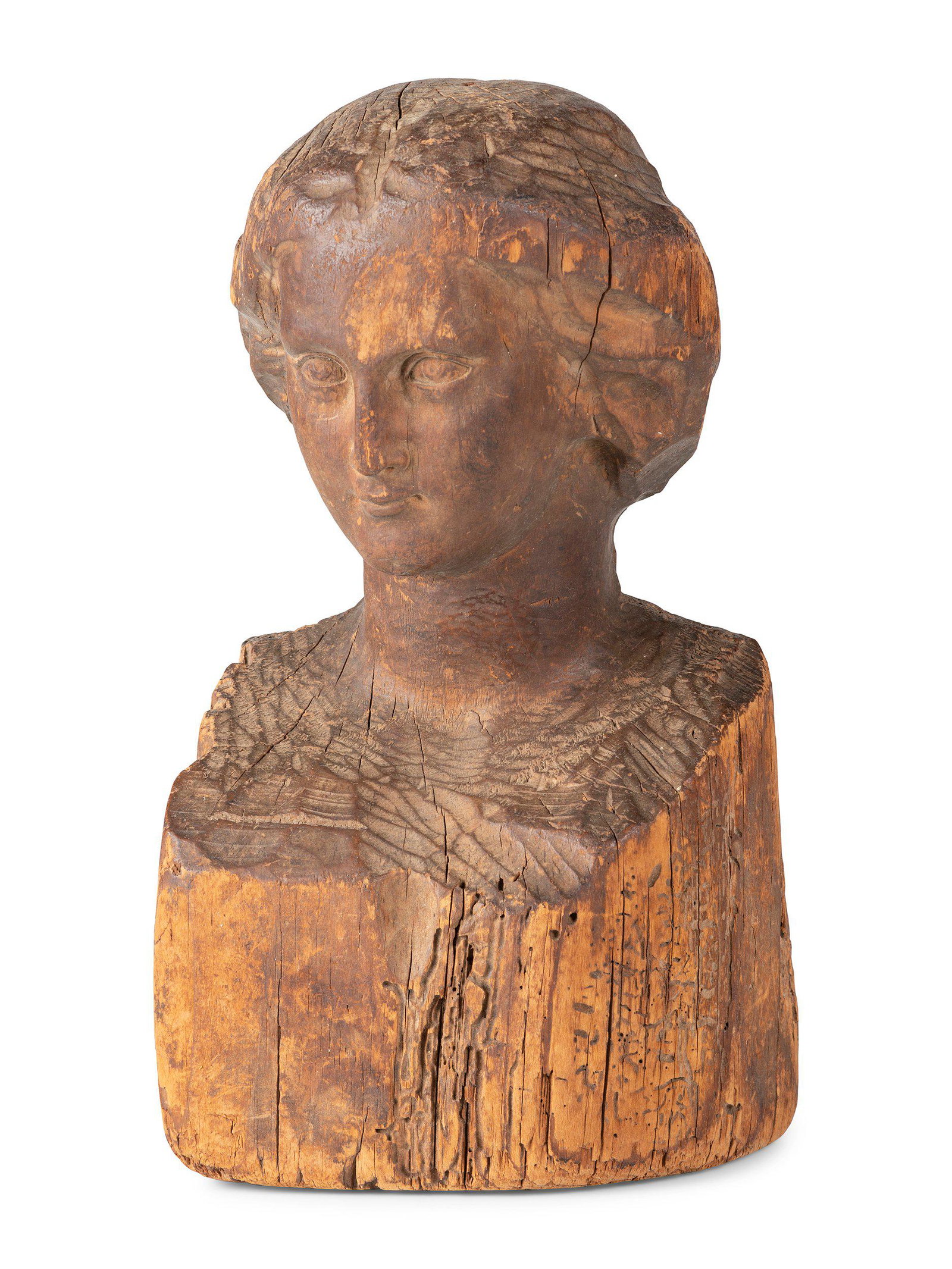 A Folk Art Carved Wood Female Head: A Folk Art Carved Wood Female Head Height 10 x width 5 x depth 4 3/4 inches (at base). Property from the Collection of Dr. James Dawson, Manchester, Kentucky