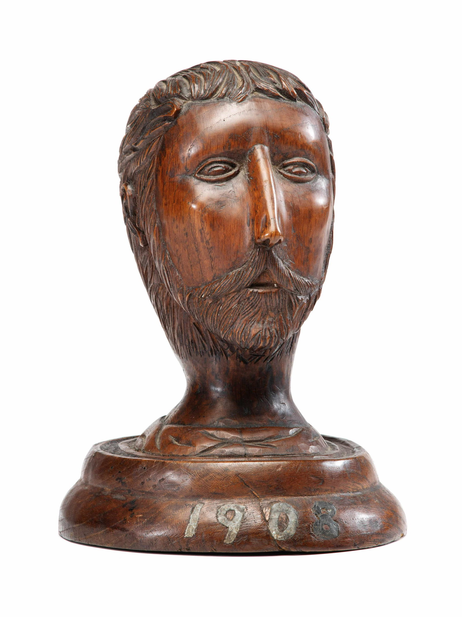 A Carved Wood Portrait Head: A Carved Wood Portrait Head Dated 1908 Height 9 inches. Property from the Collection of Dr. James Dawson, Manchester, Kentucky