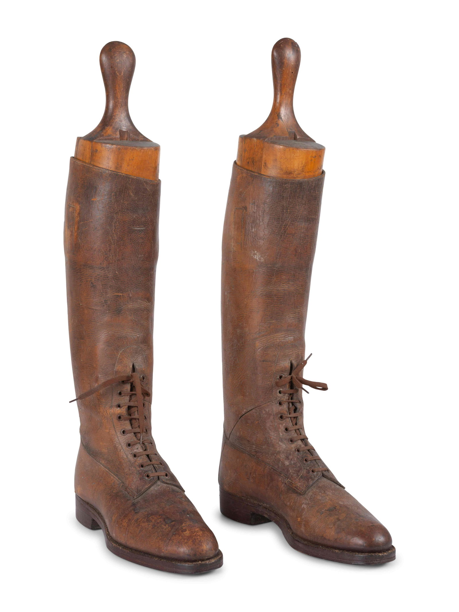 A Pair of Leather Lace Up Pull-On Men's Boots with Wood: A Pair of Leather Lace Up Pull-On Men's Boots with Wood Boot Stretchers Likely 19th Century Height of each boot 17 1/2 inches. Property from the Collection of Dr. James Dawson, Manchester, Kentucky