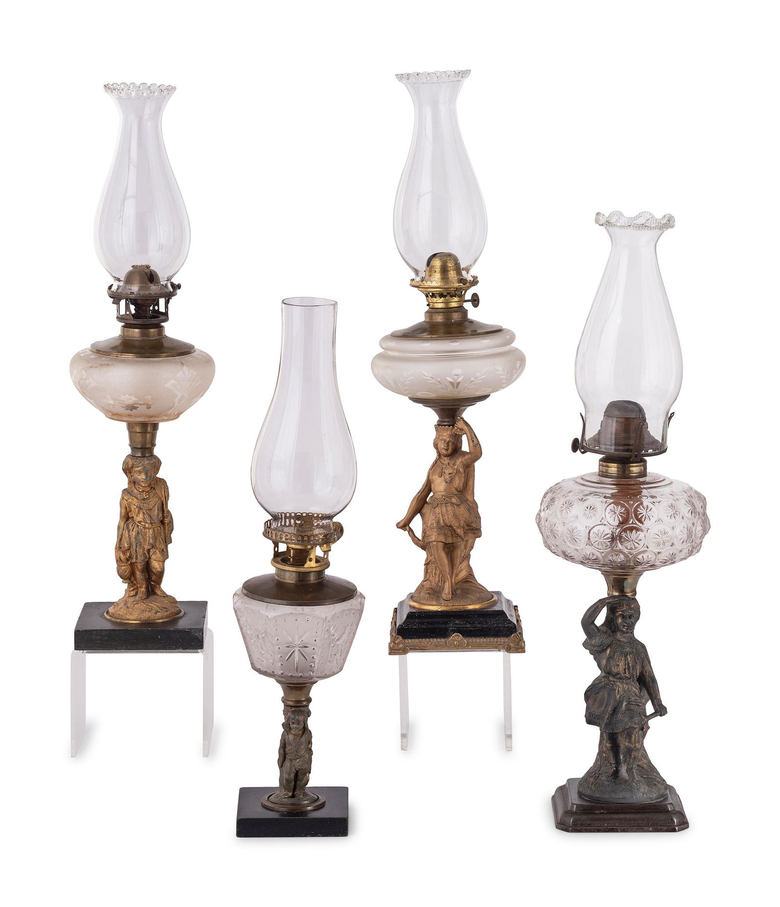 Four Gilt Metal and Glass Figural Oil Lamps (1 of 9)