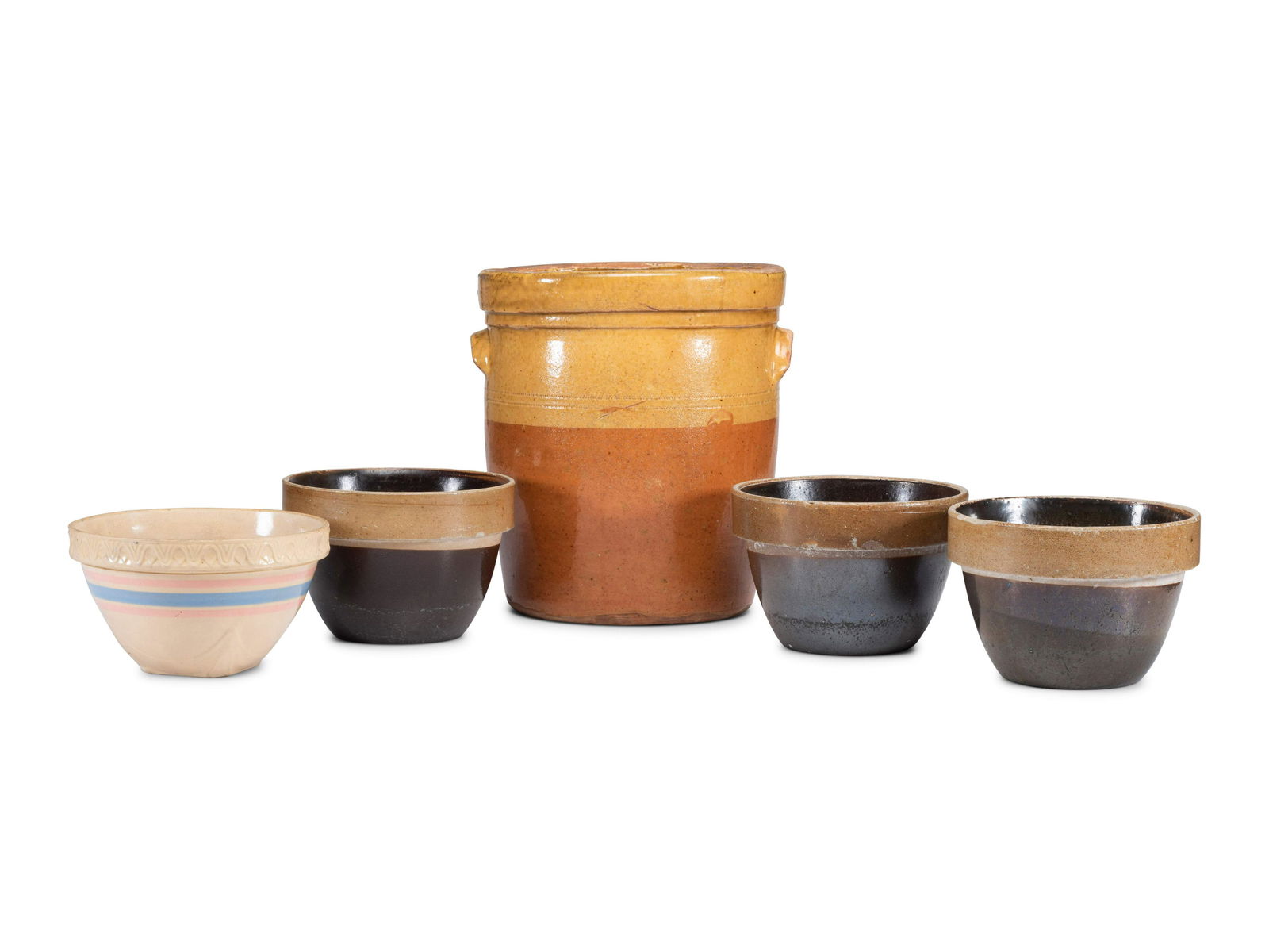 Seven Stoneware Vessels and a Six-Gallon Redware Crock (1 of 2)