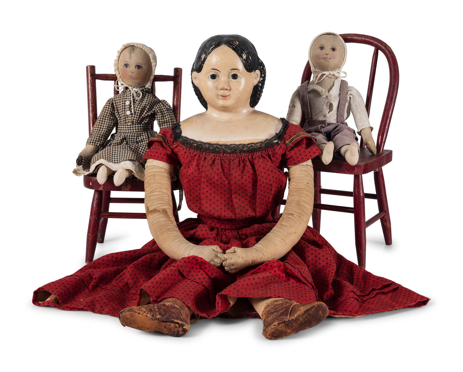 Two Red Painted Wood Child's Chairs with Dolls (1 of 4)