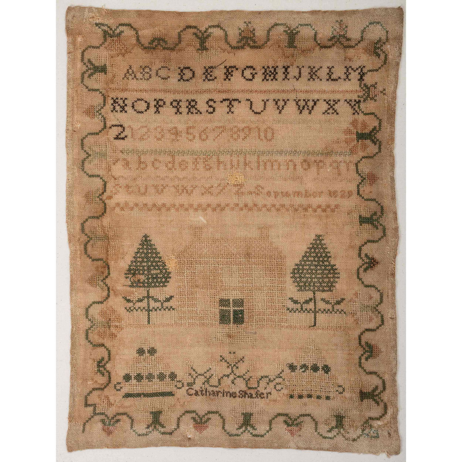 An Embroidered Needlework Alphabet Sampler, Signed (1 of 2)