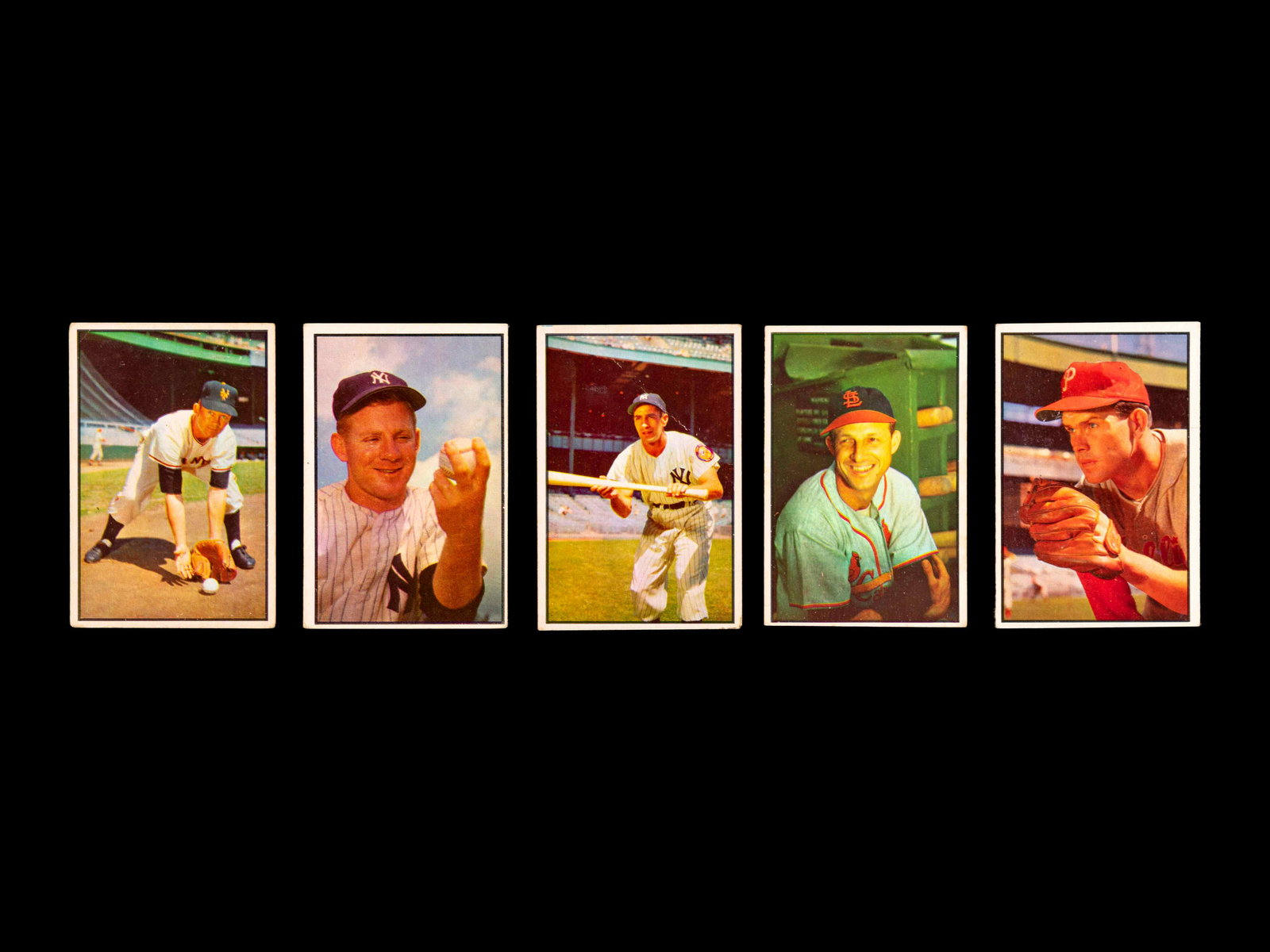 A Group of Five 1953 Bowman Baseball Cards (Including: A Group of Five 1953 Bowman Baseball Cards (Including Stan Musial and Whitey Ford), comprising of Davey Williams (No. 1), Phil Rizzuto (No. 9), Stan Musial (No. 32), Robin Roberts (No. 65) and Whitey 