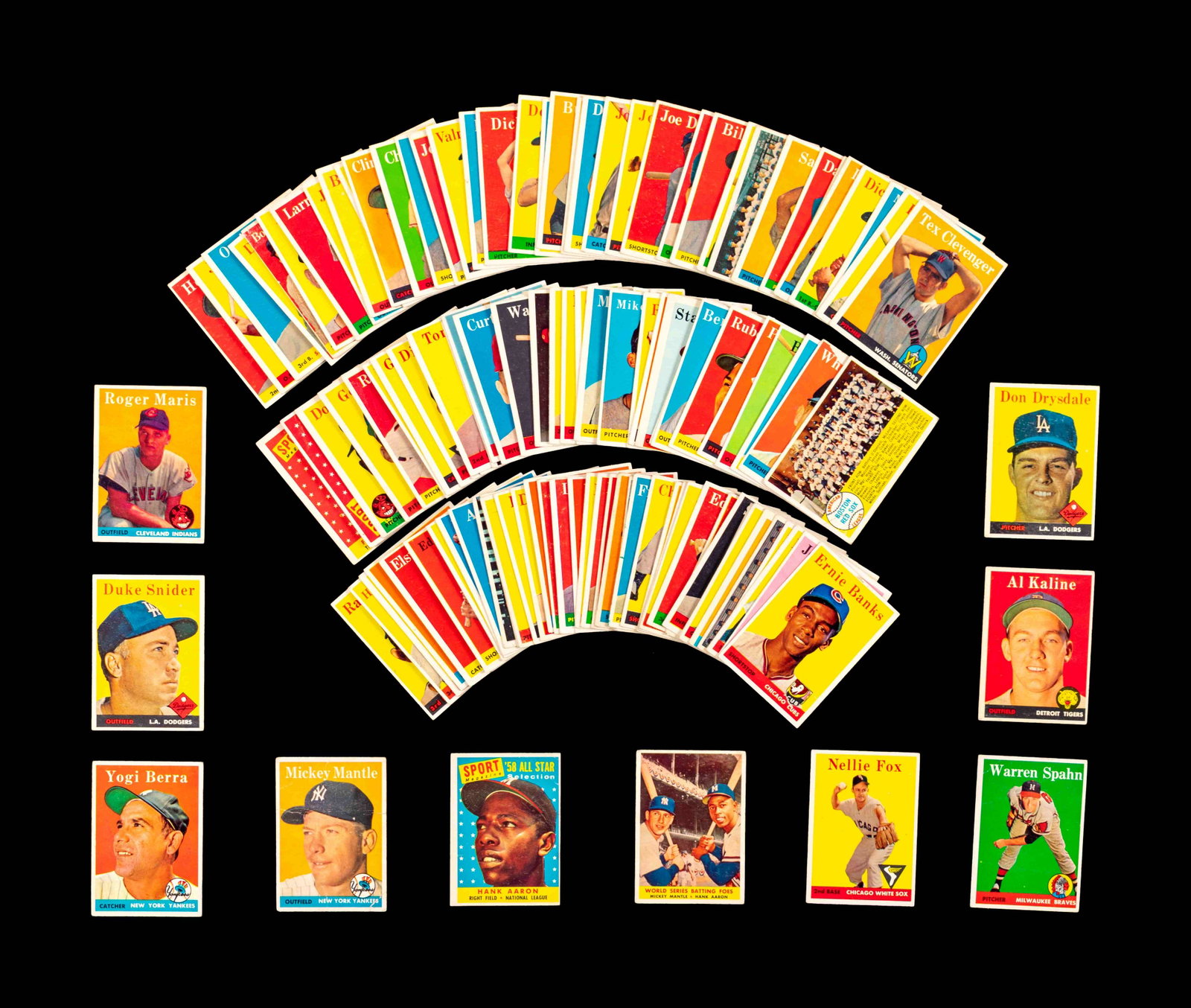 A Group of 133 1958 Topps Baseball Cards Including: A Group of 133 1958 Topps Baseball Cards Including Roger Maris Rookie and Mickey Mantle, comprising of Alex Kellner (No. 3), Eddie Kasko (No. 8), Jim Rivera (No. 11), George Crowe (No. 12), Jim Lemon 
