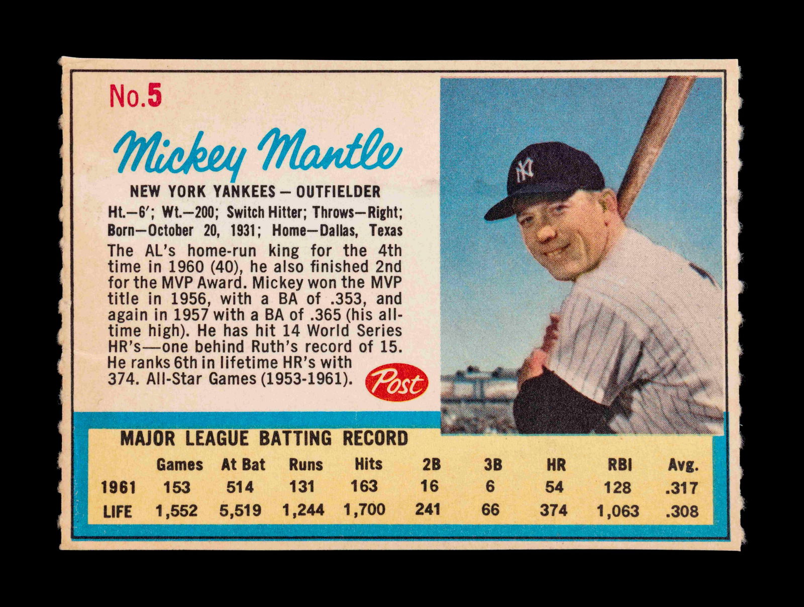 A 1962 Post Cereal Mickey Mantle Baseball Card No. 5 (1 of 2)