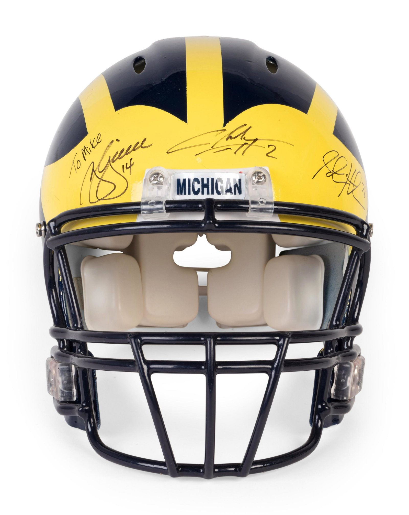 A Multi Signed 1997 University of Michigan Signed: A Multi Signed 1997 University of Michigan Signed Autograph Riddell Full Size Football Helmet Including Charles Woodson and Lloyd Carr (BAS Beckett Authentication Services Certified), inscribed