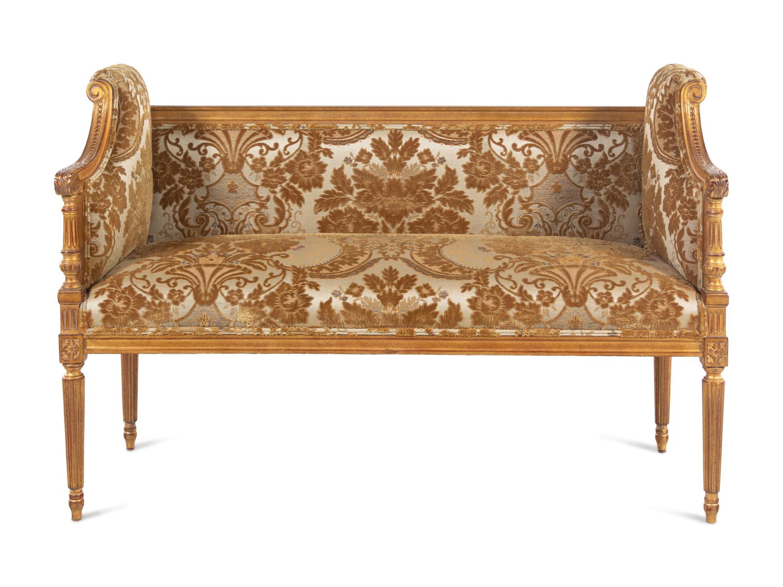 A Louis XVI Style Giltwood Settee: A Louis XVI Style Giltwood Settee 20th Century Height 31 1/4 x width 47 1/2 x depth 18 1/2 inches.