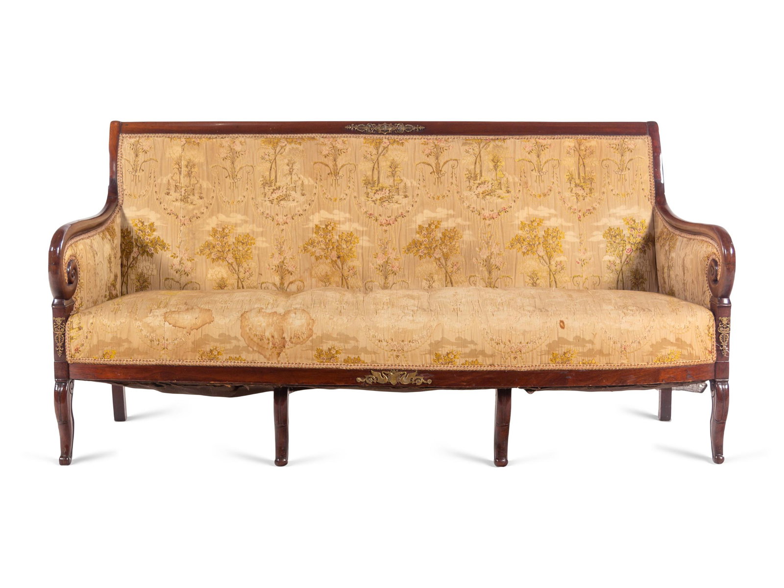 An Empire Gilt Metal Mounted Mahogany Canape: An Empire Gilt Metal Mounted Mahogany Canape 19th Century Height 35 x width 71 x depth 25 inches. Property from the Estate of Professor Ethan D. Alyea, Jr., Bloomington, Indiana