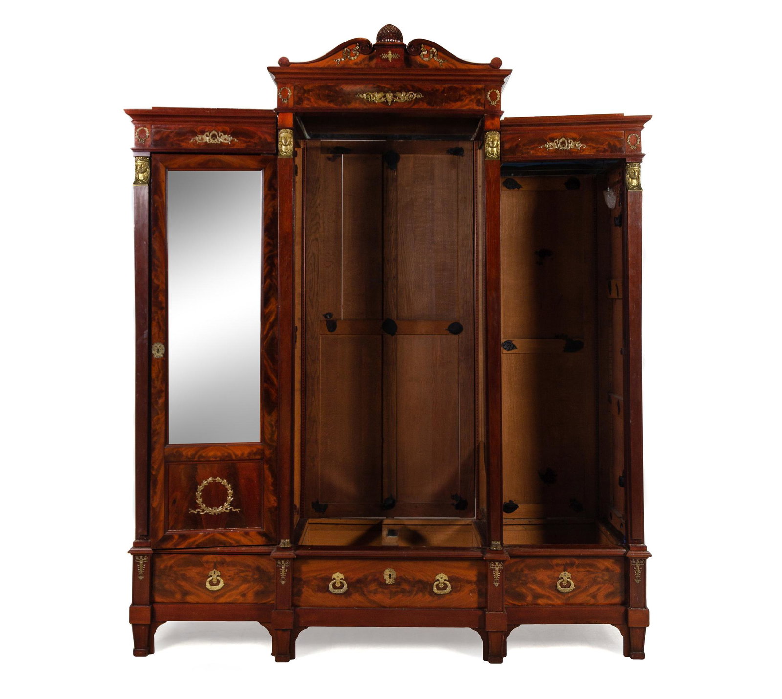 An Empire Style Gilt Metal Mounted Mahogany Breakfront: An Empire Style Gilt Metal Mounted Mahogany Breakfront Vitrine Cabinet 20th Century Height 104 x width 84 x depth 26 inches. Property from The Estate of Edwin William Young, Smithville, Tennessee