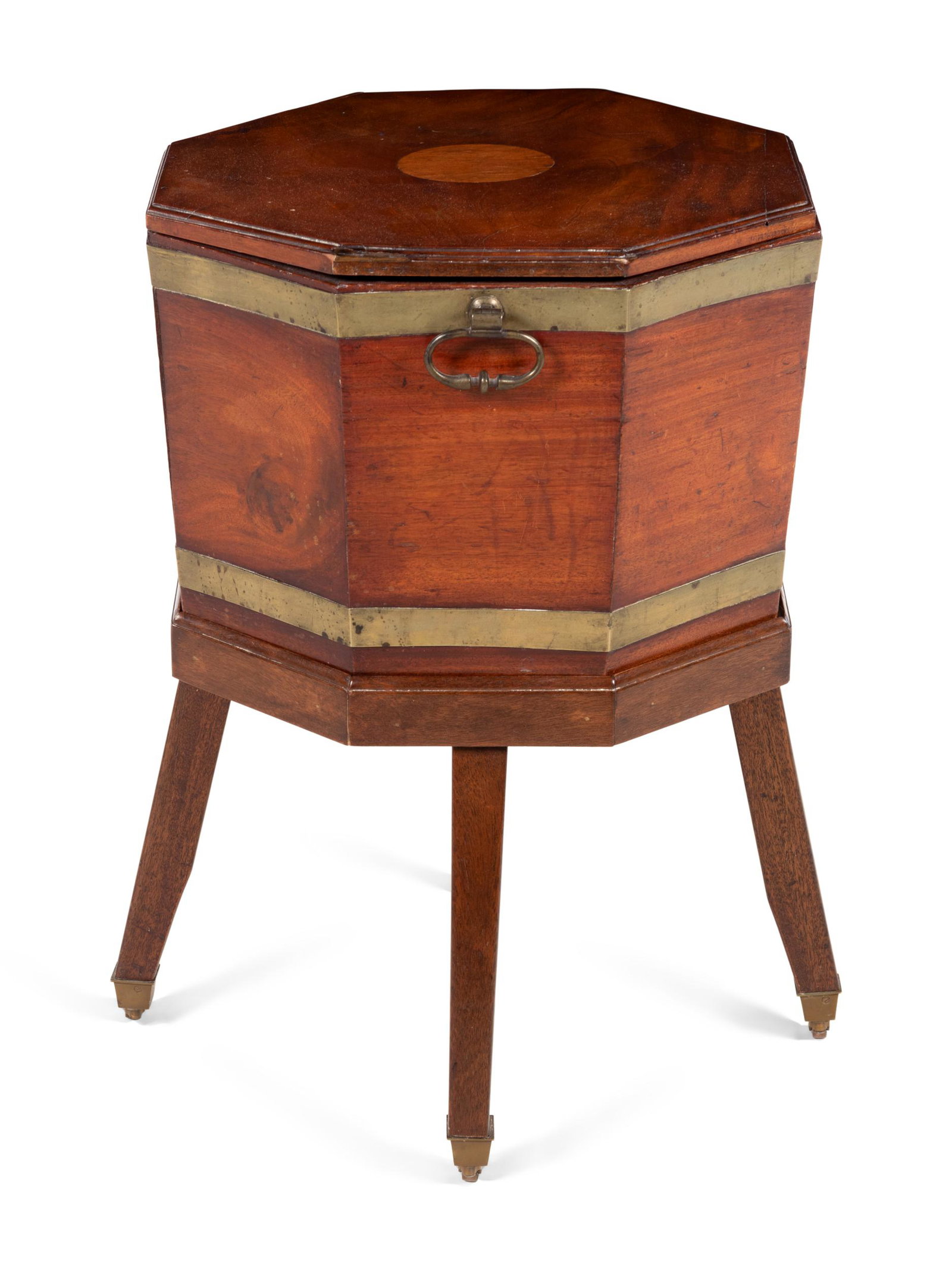 A George III Brass Banded Mahogany Cellarette: A George III Brass Banded Mahogany Cellarette 18th Century with a Later Stand Height 25 x width 16 inches. Property from a Private Collection, Chicago, Illinois