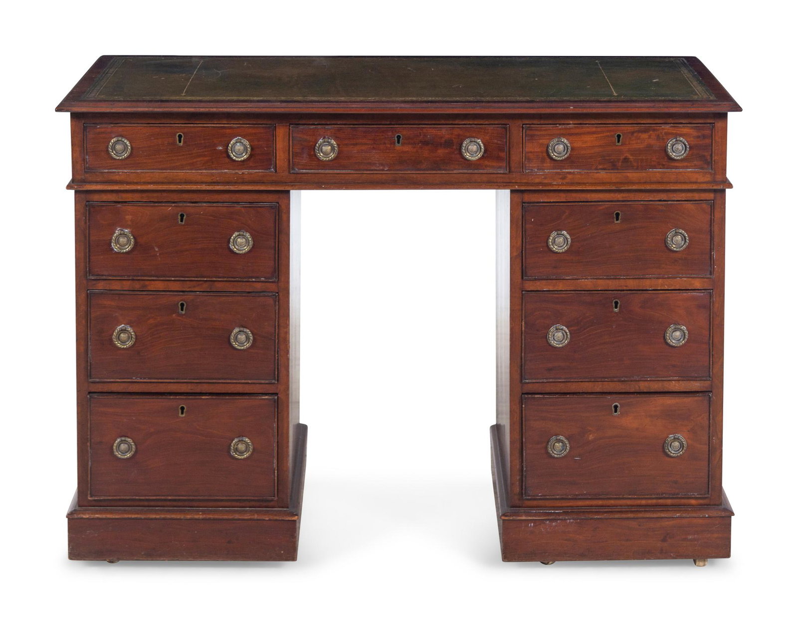 A George III Style Leather Inset Mahogany Pedestal Desk: A George III Style Leather Inset Mahogany Pedestal Desk 19th Century Height 31 x width 42 x depth 19 inches. Property from a Prominent Midwest Estate