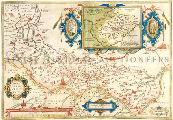 ORTELIUS, ABRAHAM. Agri Cremonensis Typus. [Antwerp, 16: ORTELIUS, ABRAHAM Agri Cremonensis Typus. [Antwerp: Plantin, 1612]. Copper-engraved map, elaborately hand-colored, with inset and cartouches, including scale. From the rare Spanish edition of Abraham 
