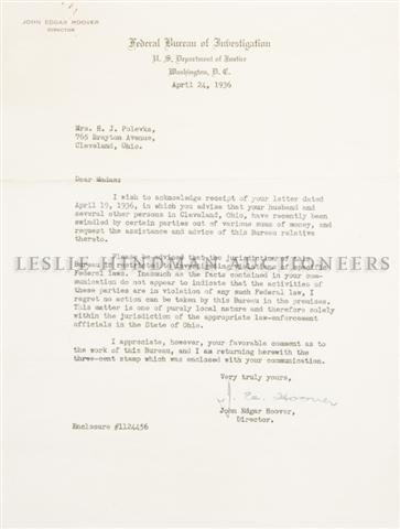 HOOVER, J. EDGAR. Typed letter signed, 1 page, FBI lett: HOOVER, J. EDGAR Typed letter signed ("J. Ed. Hoover"), 1 page, on Federal Bureau of Investigation letterhead, Washington, D.C., April 24, 1936. To Mrs. H. J. Polevka, Cleveland, Ohio.