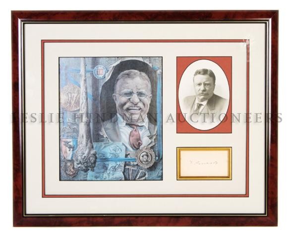 ROOSEVELT, THEODORE. Clipped signature, framed and matt: ROOSEVELT, THEODORE Clipped signature, 2 x 3 1/2 inches, framed and matted with portrait and campaign illustration.