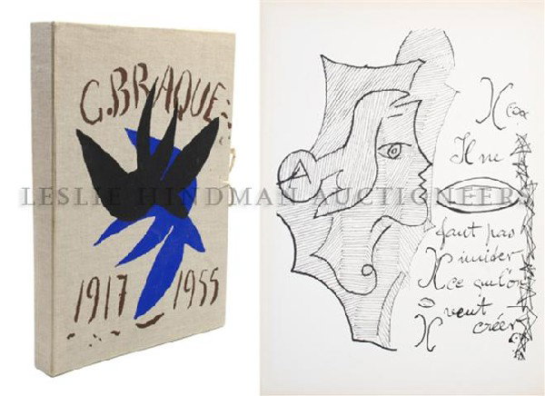 (BRAQUE, GEORGES) Cahier de Georges Braque 1917-1947. P: (BRAQUE, GEORGES) Cahier de Georges Braque 1917-1947. Paris: Maeght, (1947). Folio, contents loose as issued in pictorial wrappers, original linen chemise with cloth ties. One of 750 copies printed on