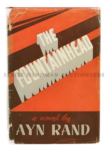 RAND, AYN. The Fountainhead. New York, (1943). First ed: RAND, AYN The Fountainhead. New York: Bobbs-Merrill, (1943). 8vo, original red cloth-backed boards, first state dust jacket. First edition, later printing. Some tears to dust jacket, at edges and alon