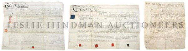 (LAND GRANT) A group of 3 land indentures on vellum, on: (LAND GRANT) A group of three land indentures on vellum, one of which belonged to John Allen Rolls. (1) Land indenture printed on vellum made between John Allan Rolls and Thomas Hunter. County of Monm