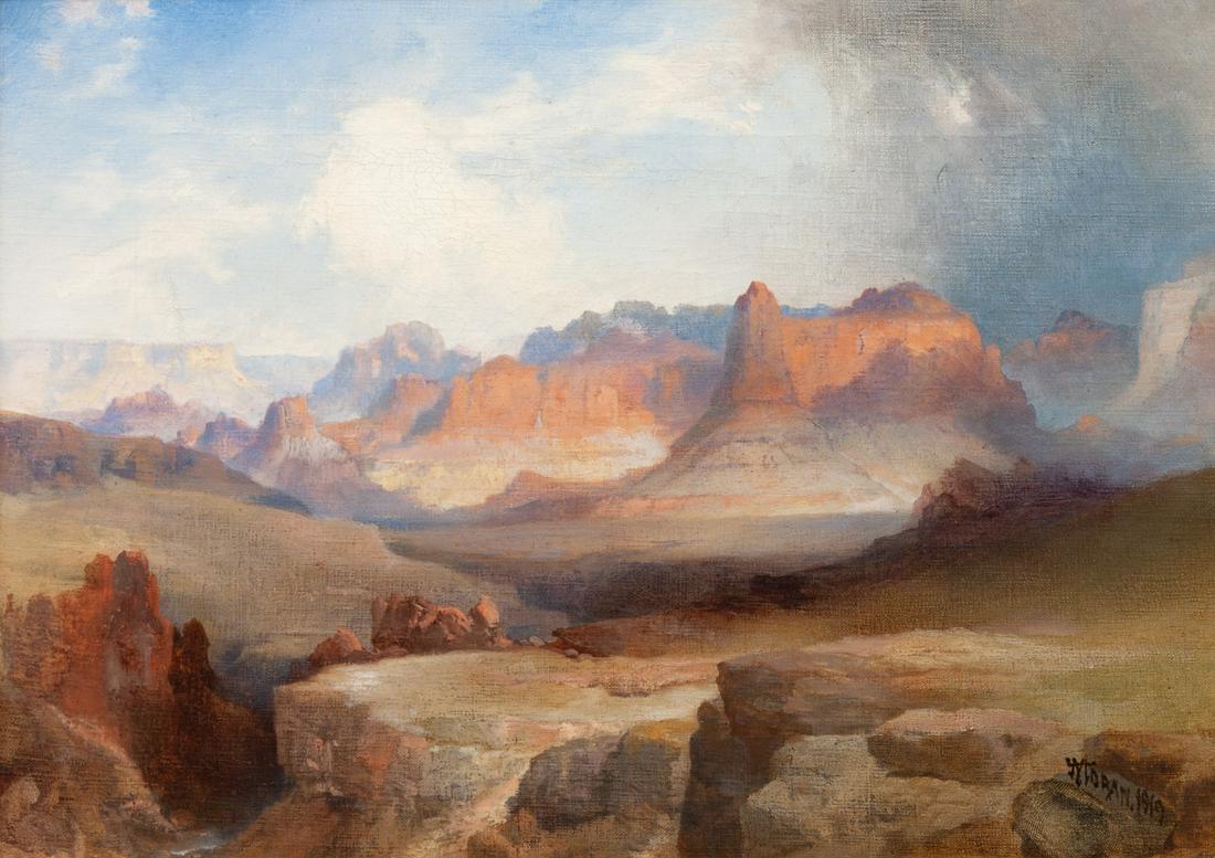 Thomas Moran (American, 1837-1926) View of Zion, 1919: Thomas Moran (American, 1837-1926) View of Zion, 1919 oil on canvas signed T. Moran and dated (lower right) 10 x 14 inches Property from the Collection of Homer E. Noble, Denver, Colorado Provenance: