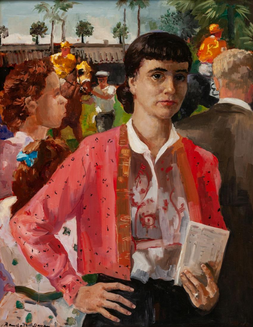 Randall Davey (American, 1887-1964) Woman at the Races,: Randall Davey (American, 1887-1964) Woman at the Races, 1957 oil on board signed Randall Davey (lower left) 35 1/4 x 27 inches Property from the Collection of Homer E. Noble, Denver, Colorado Exhibite