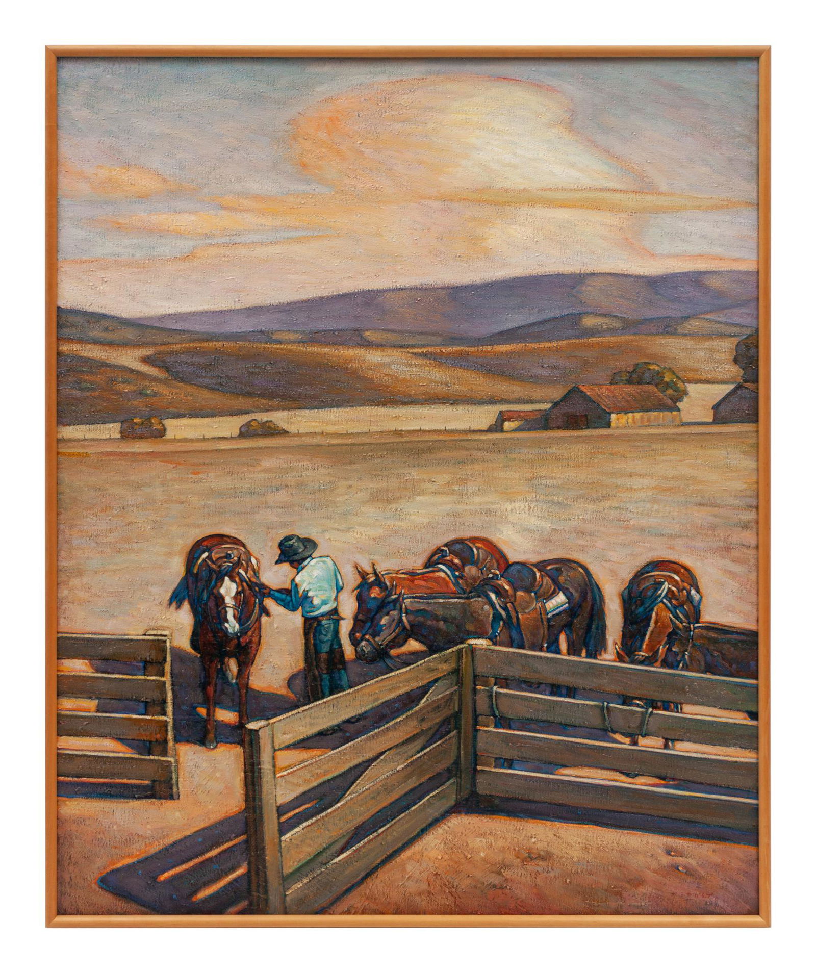 Howard Post (American, b. 1948) Saddling Up: Howard Post (American, b. 1948) Saddling Up oil on canvas signed H.E. Post (lower right) 54 x 44 inches