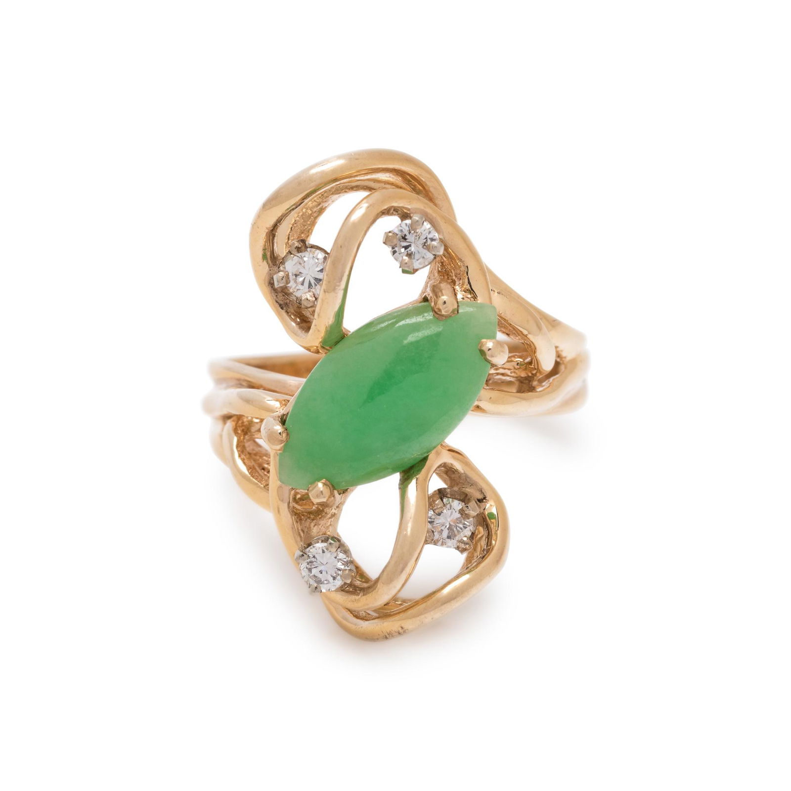 JADE AND DIAMOND RING: JADE AND DIAMOND RING Containing one marquise cabochon jade and four round brilliant cut diamonds. Mounted in yellow gold. Ring size 7. Stamp: 14K. 4.95 dwt. Property from the Estate of Margaret Kenke