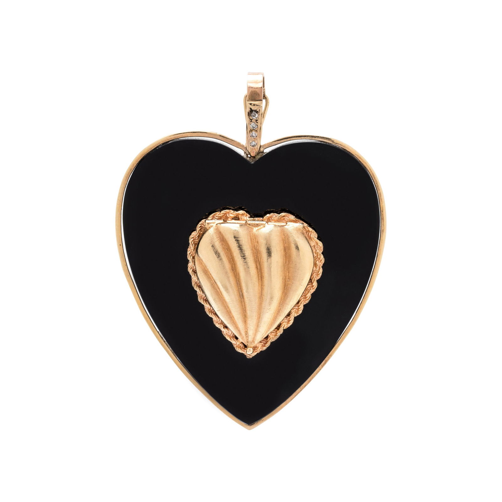 YELLOW GOLD, ONYX AND DIAMOND HEART PENDANT (1 of 2)