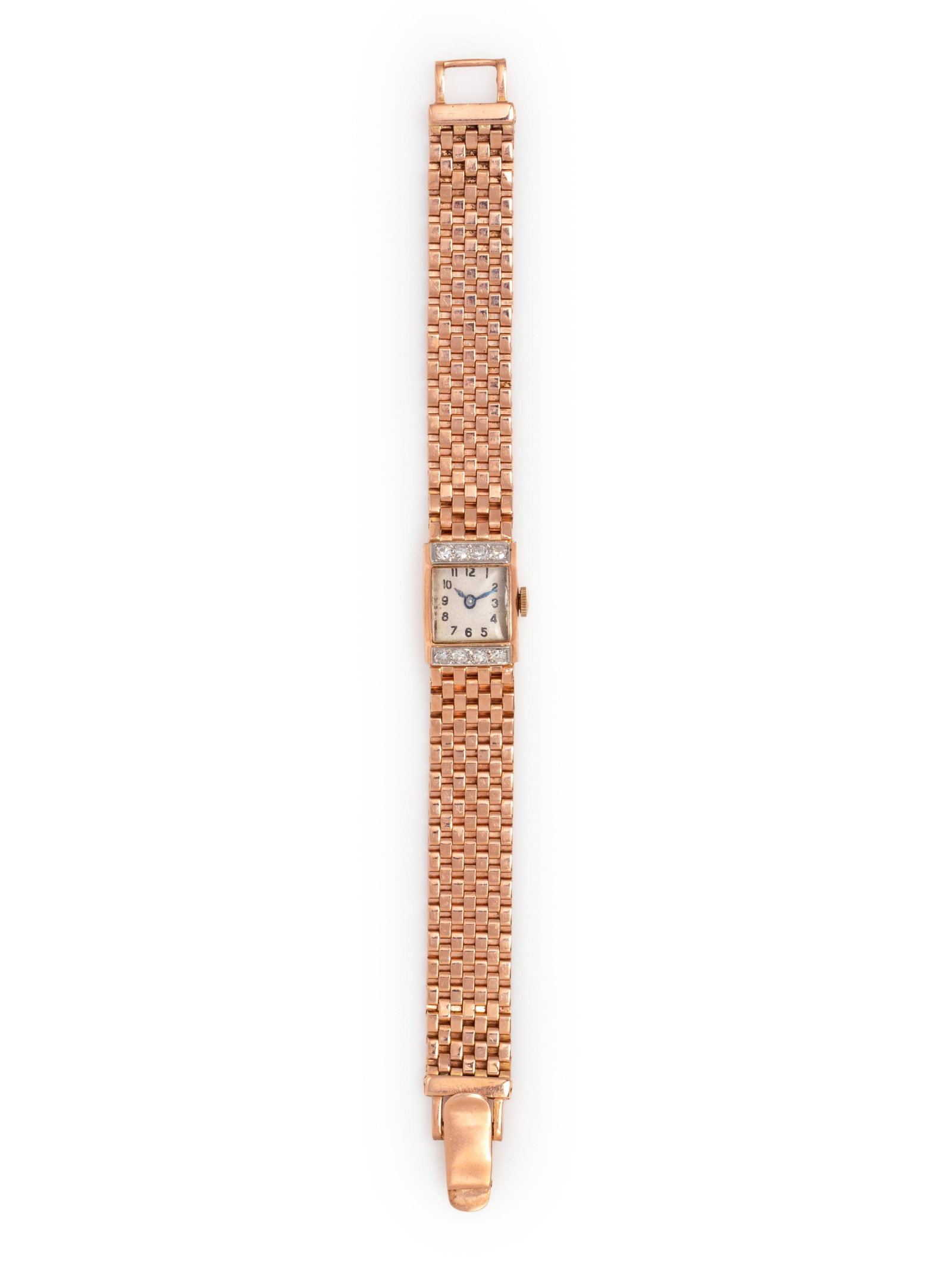RETRO, 14K ROSE GOLD AND DIAMOND WRISTWATCH: RETRO, 14K ROSE GOLD AND DIAMOND WRISTWATCH 18.00 x 14.00 mm case dimensions, the case containing eight single cut diamonds, off white dial, black Arabic numerals, quartz movement, brick link bracelet