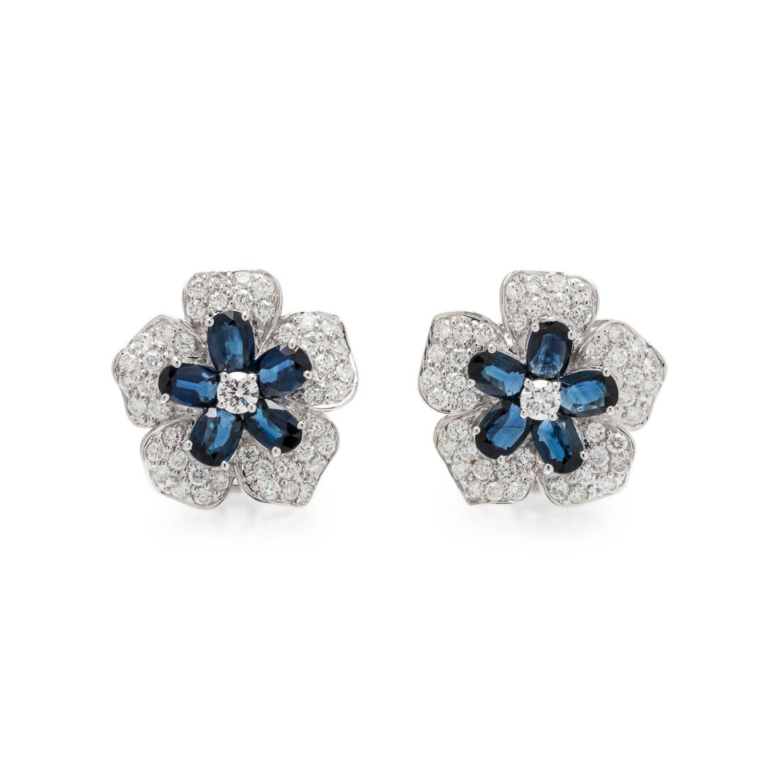 SAPPHIRE AND DIAMOND FLOWER EARCLIPS (1 of 2)