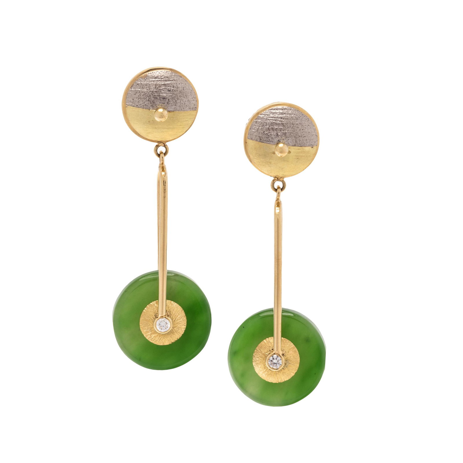RICHARD KIMBALL, YELLOW GOLD, NEPHRITE AND DIAMOND: RICHARD KIMBALL, YELLOW GOLD, NEPHRITE AND DIAMOND EARRINGS Consisting of a top section with textured palladium accent, suspending drops containing two round nephrite discs and two round brilliant cut