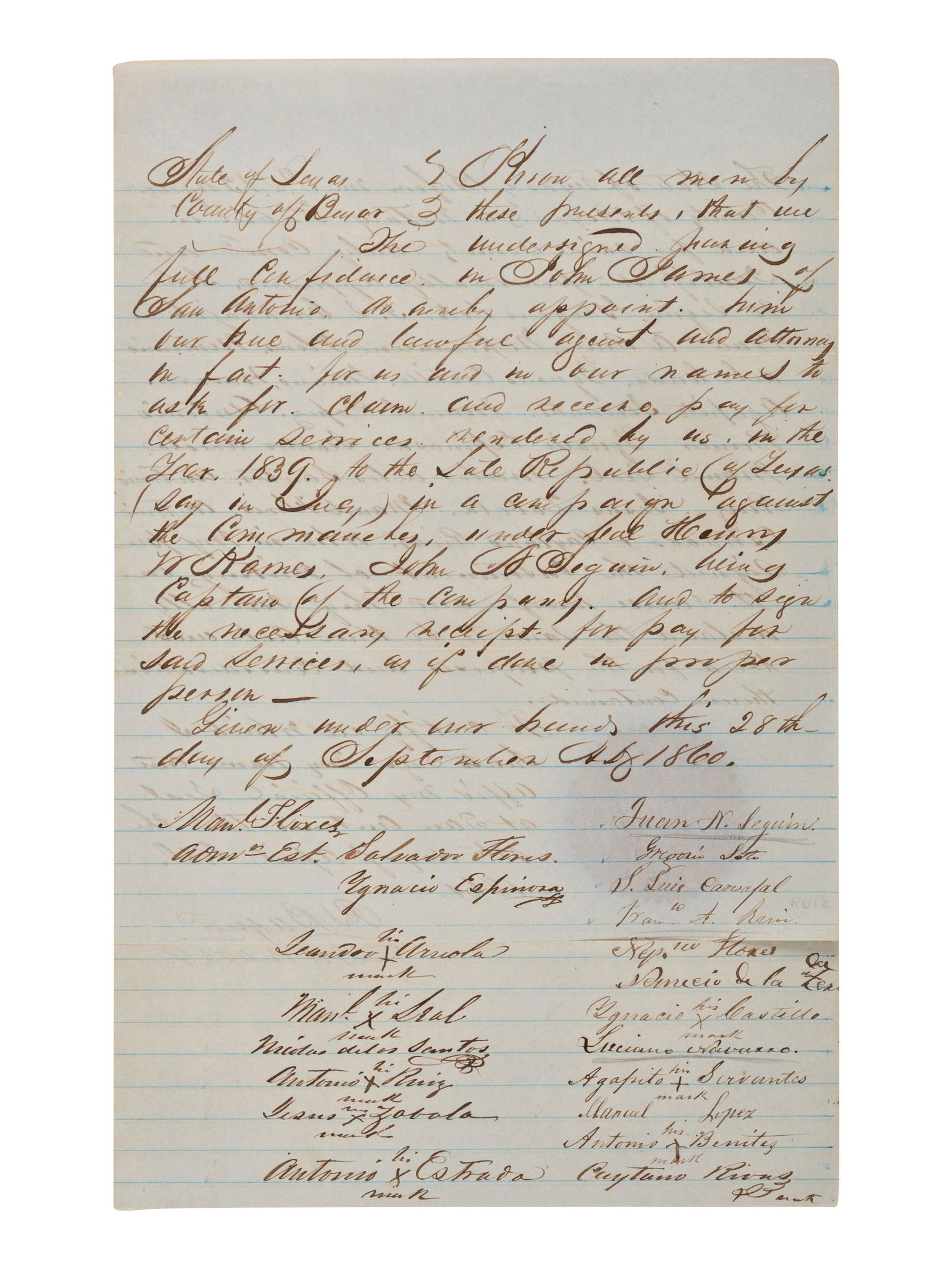 [TEXAS]. SEGUIN, Juan, et al. Manuscript power of (1 of 2)