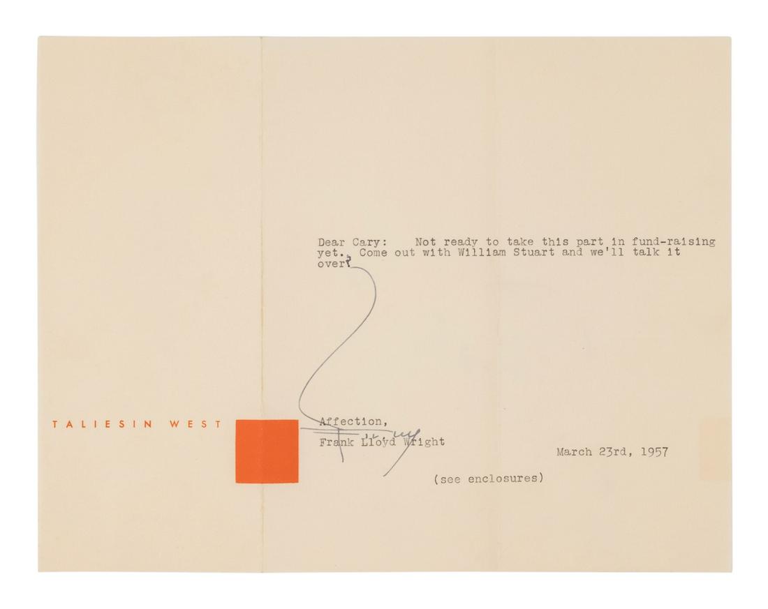 WRIGHT, Frank Lloyd (1869-1959). Typed note signed ("F. (1 of 1)