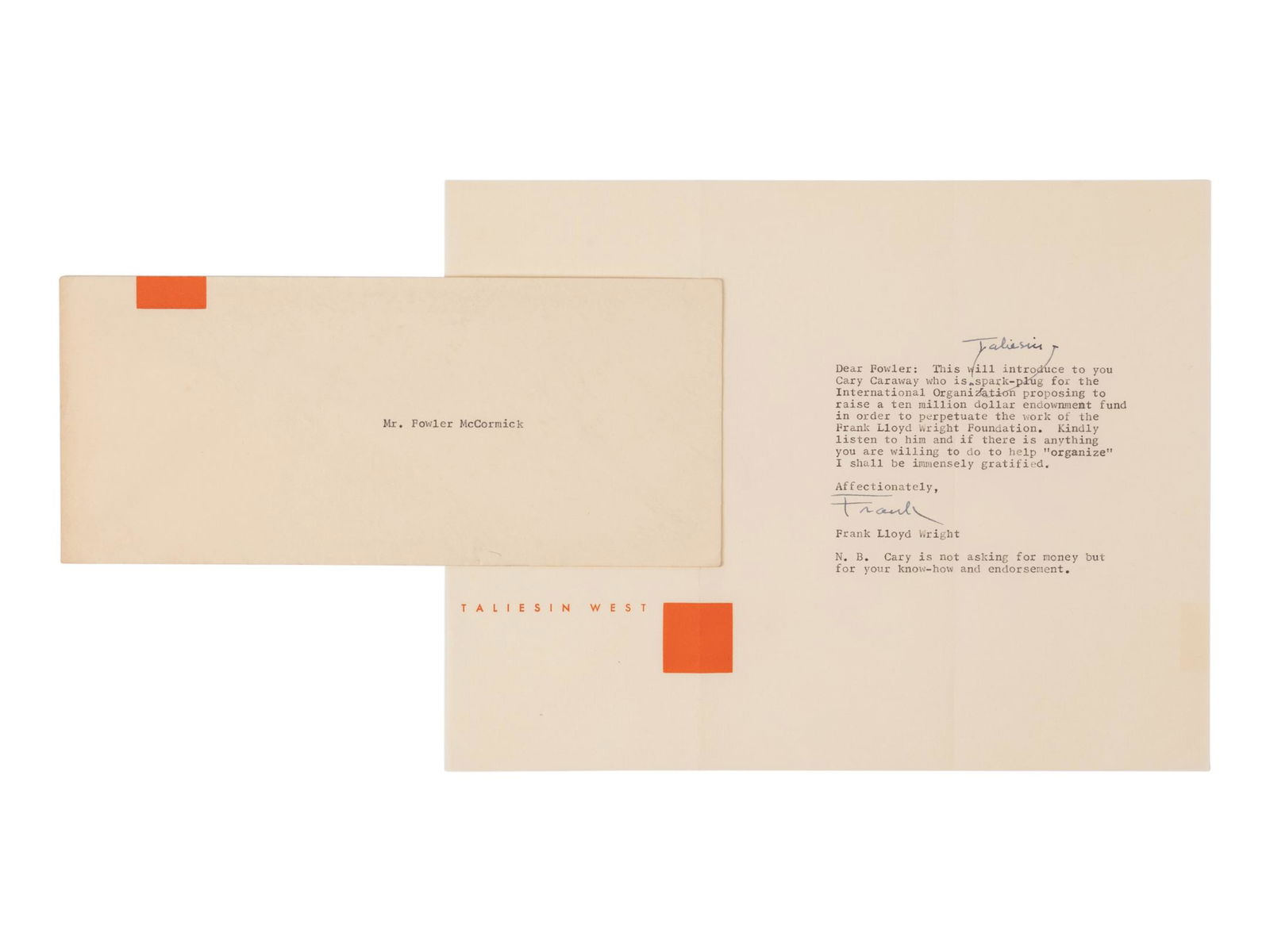 WRIGHT, Frank Lloyd (1869-1959). Three typed letters (1 of 2)