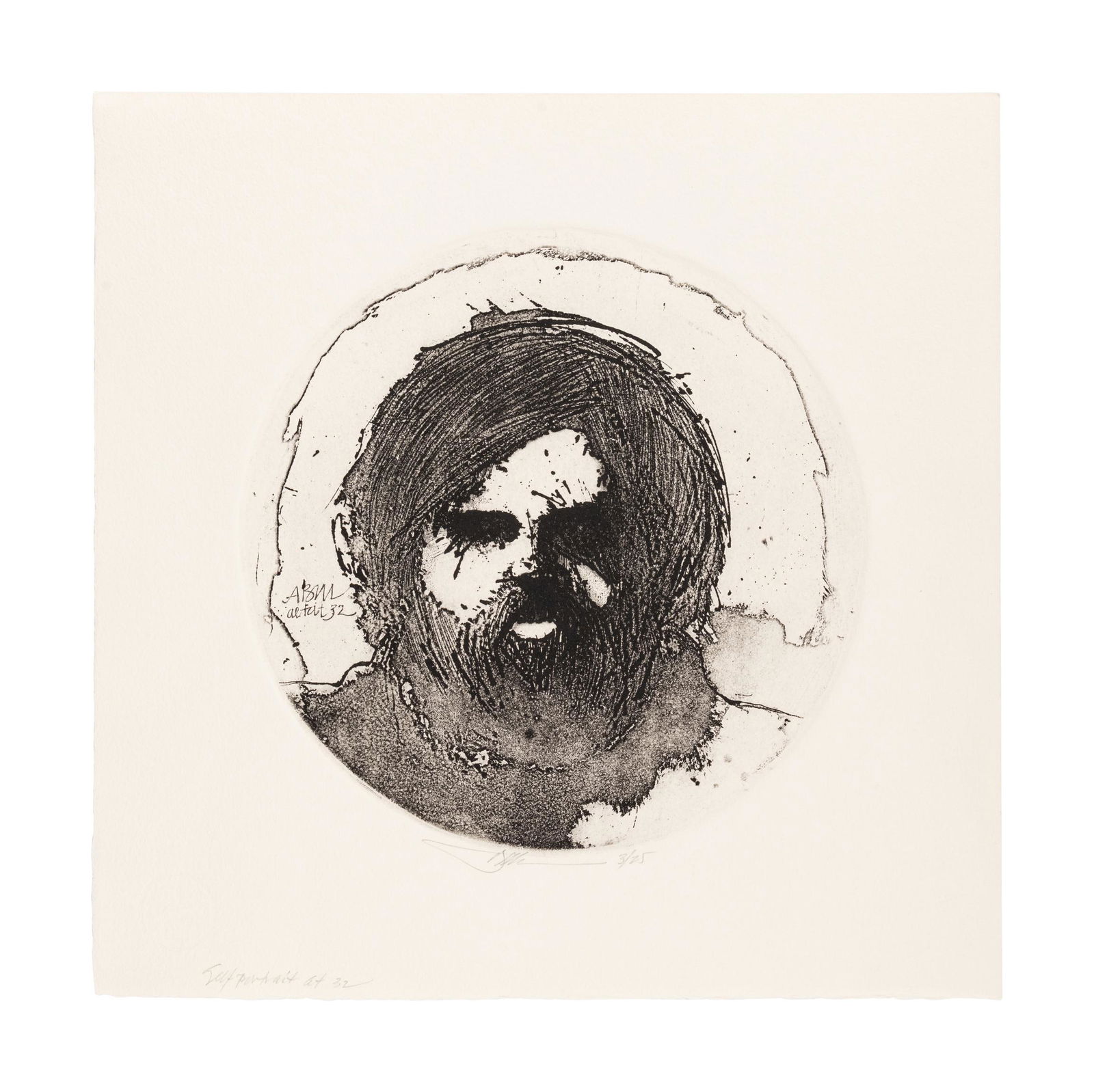 MOSER, Barry. Self Portrait at 32. [1972]. 346 x 354: MOSER, Barry. Self Portrait at 32. [1972]. 346 x 354 mm. Etching and aquatint. Captioned and signed in pencil, numbered 3/25. Property from the Collection of Mr. Barry Moser