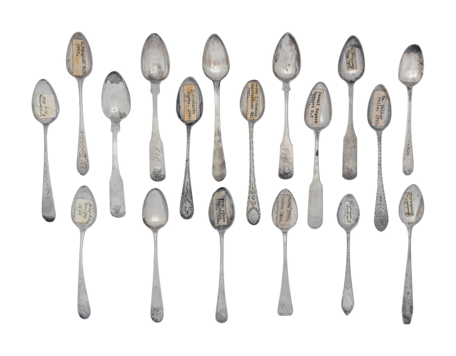 A Collection of American Silver Teaspoons: A Collection of American Silver Teaspoons 18th Century and Later comprising examples marked for John McMullin, William Ward, Richard Humphreys, Abraham G. Forbes, Benjamin Cleveland and others; 72 ite
