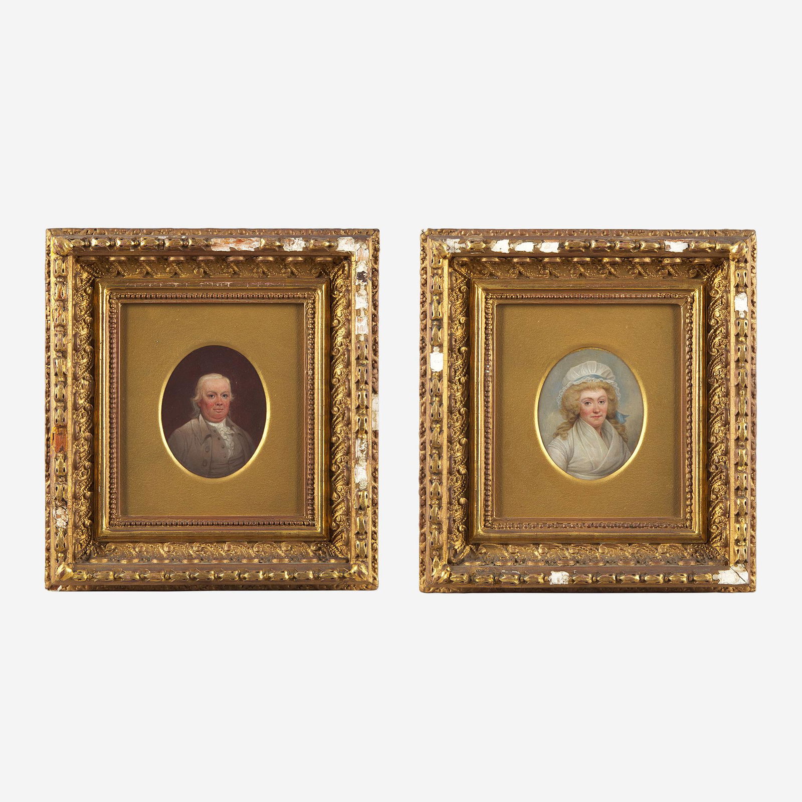 American School 19th century Pair of Small Portraits:: American School 19th century Pair of Small Portraits: Robert Morris (1734-1806) and Mary White Morris (1769-1806) Oil on paper, matted and framed. (4 1/4 in. x 3 3/8 in. (sight)) Provenance Georg