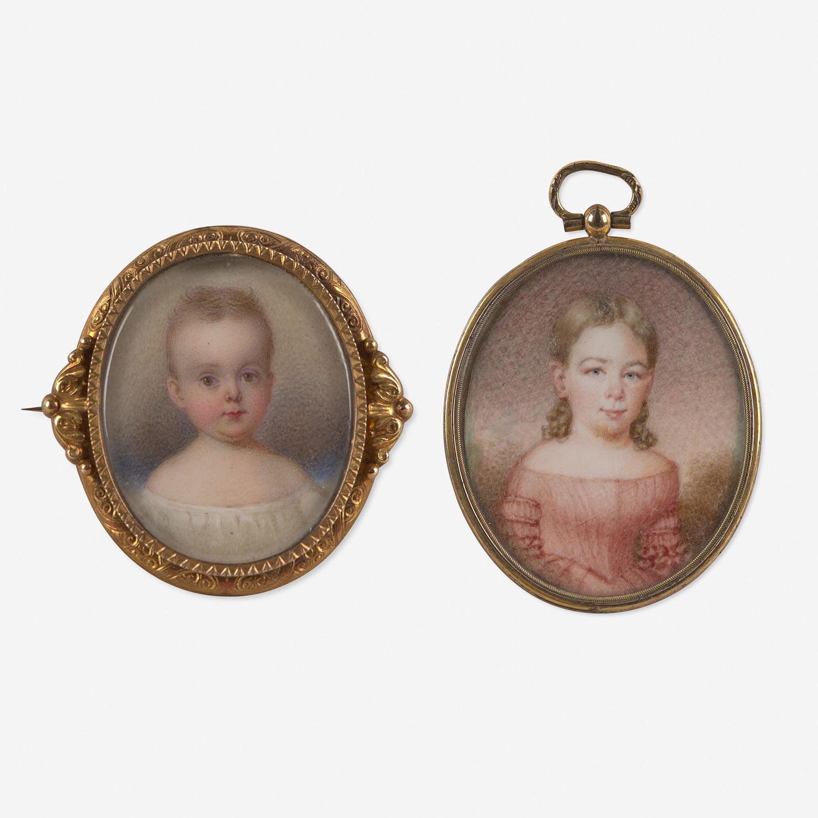 John Carlin (1813-1891) and other Two Portrait: John Carlin (1813-1891) and other Two Portrait Miniatures: George Gray Lyman and a Girl in Pink Dress from New England The first, depicting George Gray Lyman at six months old, watercolor, gilt brooch