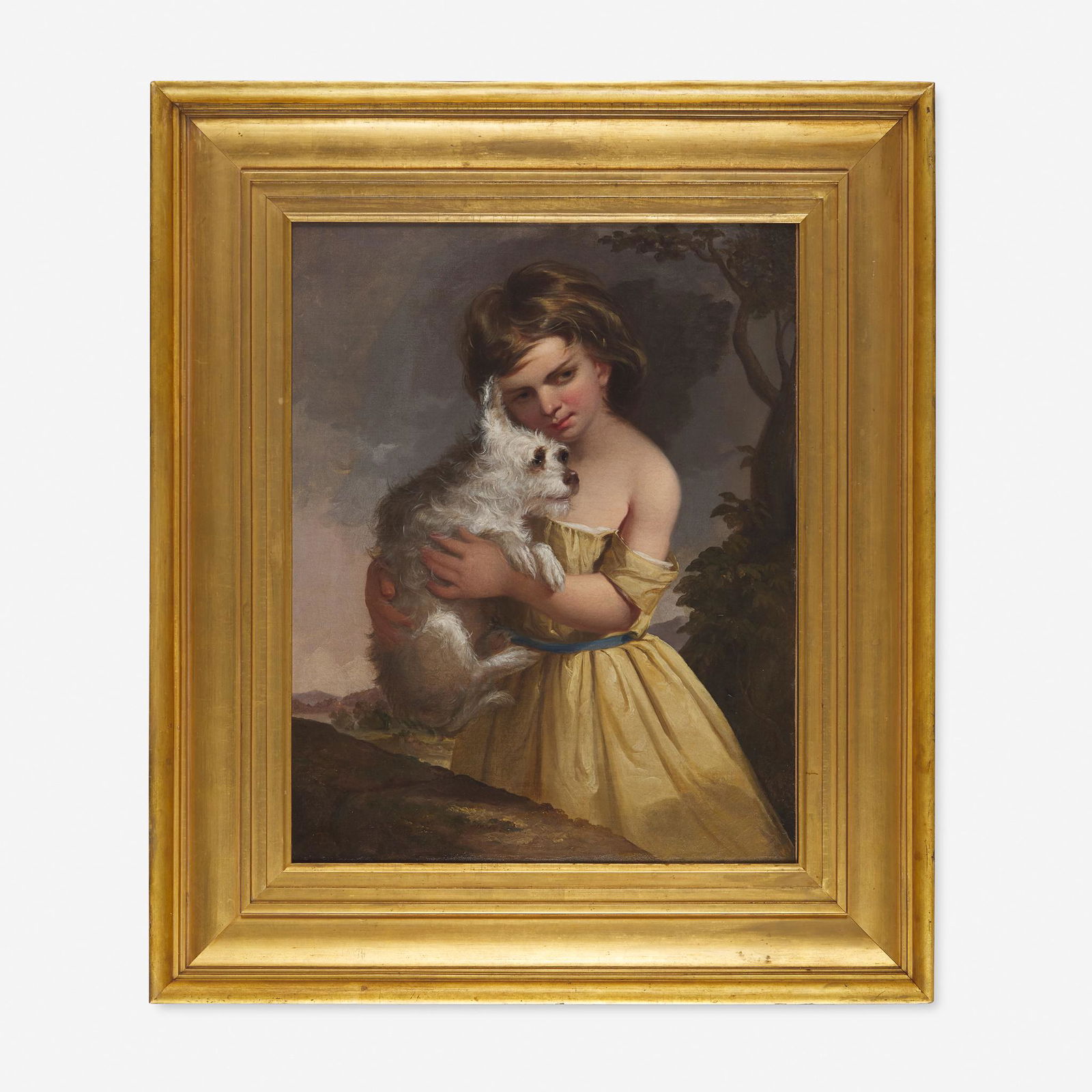 Thomas Sully (1783-1872) Portrait of a Young Girl: Thomas Sully (1783-1872) Portrait of a Young Girl Holding Pet Terrier Initialed with cipher, "TS," l.l., retaining old label verso, oil on canvas, framed. (26 1/2 in. x 21 in. (sight)) Provenance