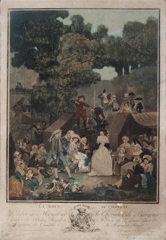 A French Decorative Print, Height of frame 20 1/2 x wid: A French Decorative Print, La Noce au Chateau, depicting figures in an exterior, set within a gilt frame. Height of frame 20 1/2 x width 13 1/2 inches. Property from the Collection of Jeff Foster, Chi