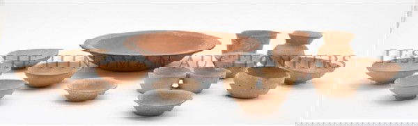 Collection of Earthenware Shallow Vessels, Width of wid: Collection of Earthenware Shallow Vessels, mostly of terracotta with various aged patinas throughout. Width of widest 13 1/2 inches.