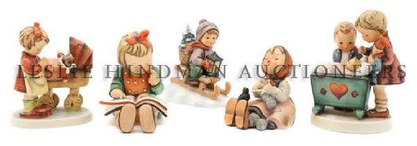 A Collection of Five Hummels, Height of tallest 5 1/4 i: A Collection of Five Hummels, comprising Ride Into Christmas, a girl with a stroller, a girl and a boy standing next to a cradle, a girl knitting and a girl reading. Height of tallest 5 1/4 inches. Pr