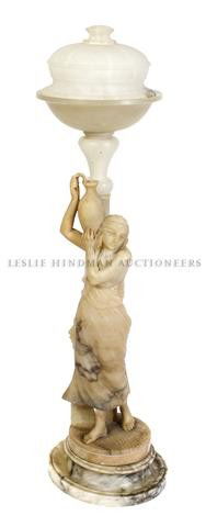 An Italian Alabaster Figural Lamp, Height 33 inches.: An Italian Alabaster Figural Lamp, early 20th century, carved as a female water bearer standing before a column decorated with a mask supporting the associated globe. Height 33 inches.