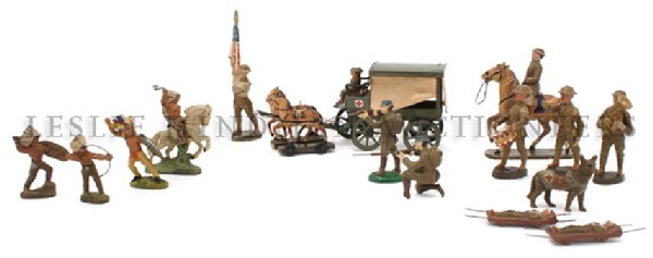 A Collection of German Elastolin and Lineol Toys,: A Collection of German Elastolin and Lineol Toys, comprising approximately 53 soldiers, 3 horses, two horse-drawn military cars and a motorcyclist, together with 30 Indians and a fox. Property from th