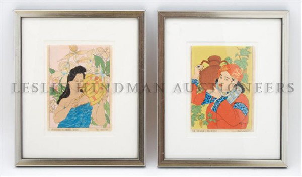 A Group of Two Woodblock Print Cards, Paul Jacoulet,: A Group of Two Woodblock Print Cards, Paul Jacoulet, each framed.
