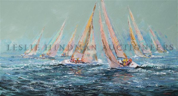Kerry Hallam, (American, 20th century), Regatta Challan: Kerry Hallam (American, 20th century) Regatta Challange oil on canvas signed (lower right) 39 3/4 x 71 1/2 inches.