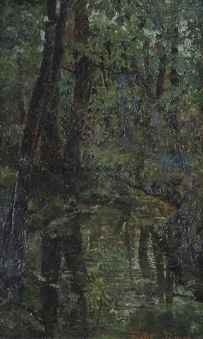 Robert Reid, 20th century, Untitled (Forest Scene): Robert Reid 20th century Untitled (Forest Scene) oil on board signed (lower right) 12 1/2 x 8 1/2 inches.