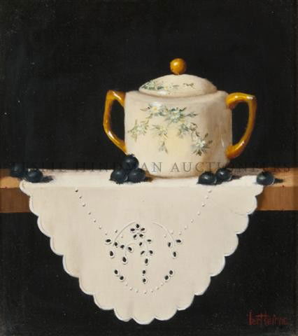 Bert Beirne, (American, 20th century), Blue Flowered Su: Bert Beirne (American, 20th century) Blue Flowered Sugar, Blueberries, and Madiera oil on board signed (lower right) 8 3/8 x 7 3/8 inches.